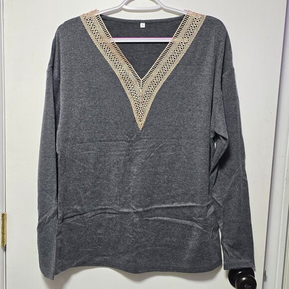 Agseem Tops - Agseem Gray Long Sleeve Light Top with Lace - Brand New with Tags Small